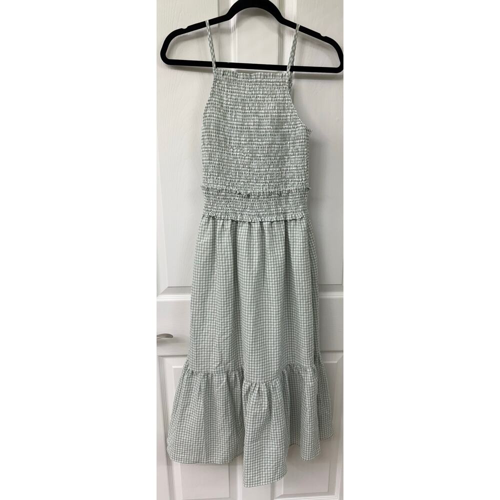 Lost + wander sage kelly green white gingham midi smocked tiered dress NWT XS